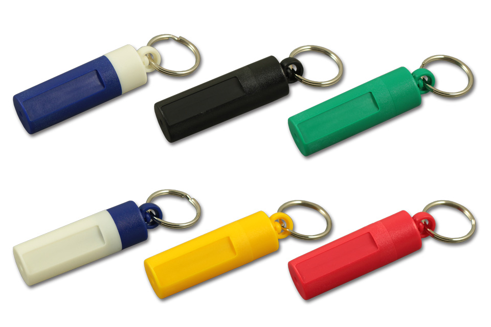 Plastic canister keychain with doming 