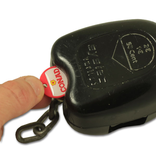 Plastic coin keychain with doming