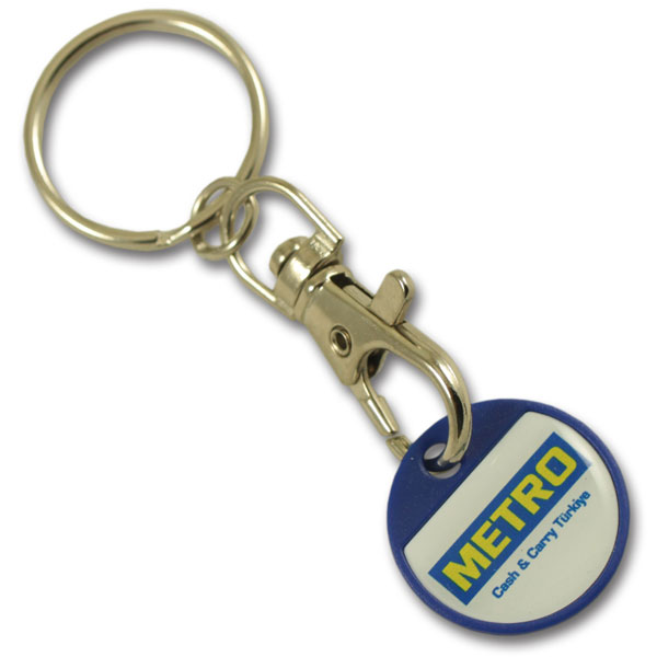 Plastic coin keychain with doming